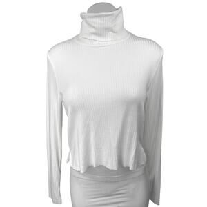 Michael Lauren White Ribbed Knit Long Sleeve Turtleneck Crop Sweater Top Size L